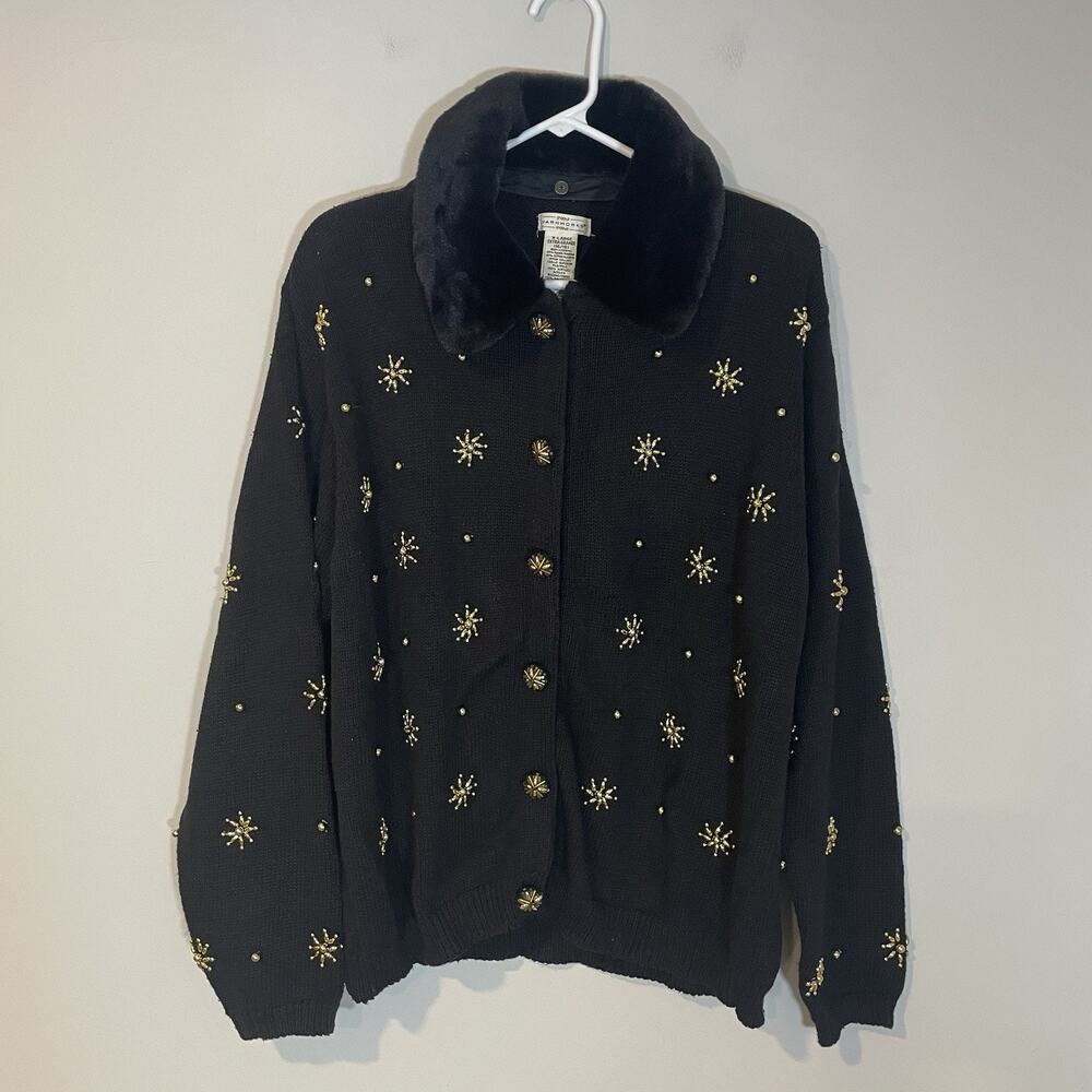 Yarnworks Womens‎ XL Black Sweater Cardigan Gold Beaded Faux Fur Collar Holiday